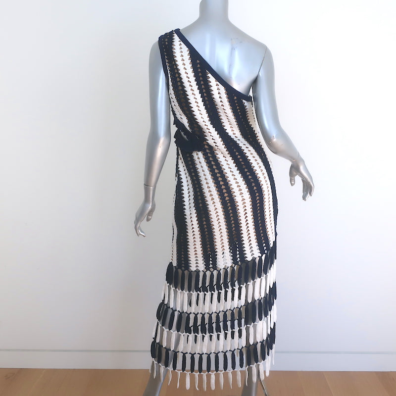 Self-Portrait Crochet One Shoulder Midi Dress Navy/White Striped Knit Size US 6