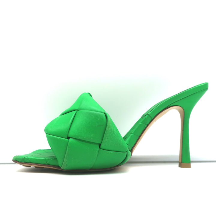 Bottega Veneta Lido Mules Grass Intrecciato Leather Size 37.5 High Heel Sandals