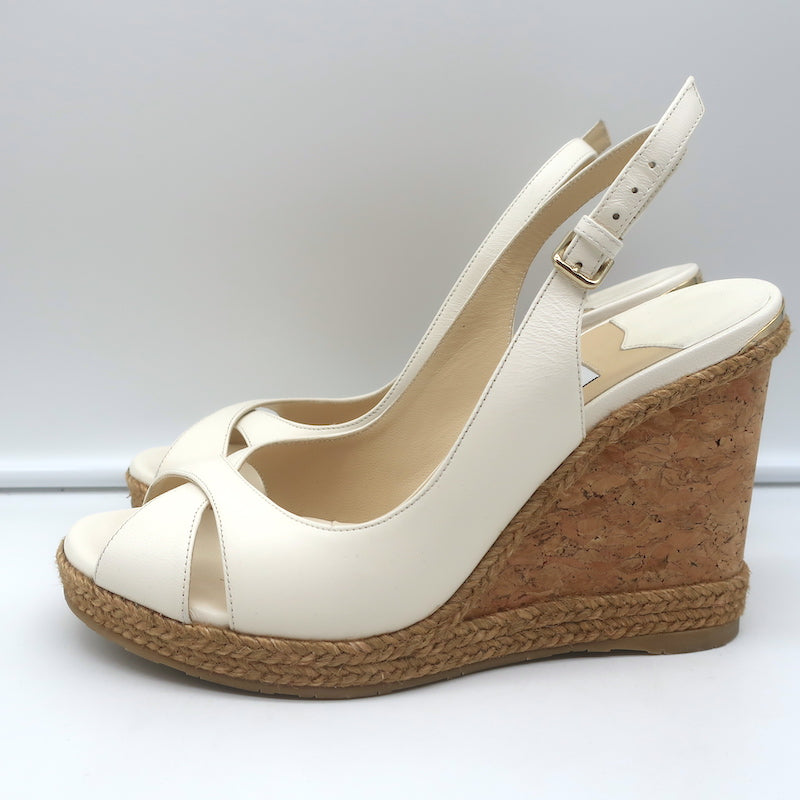 Jimmy Choo Amely 105 Slingback Cork Platform Wedge Sandals White Leather Size 39