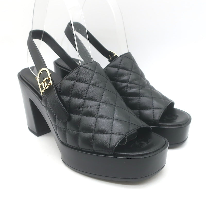Chanel 24P Quilted Leather Platform Slingback Sandals Black Size 37.5 NEW