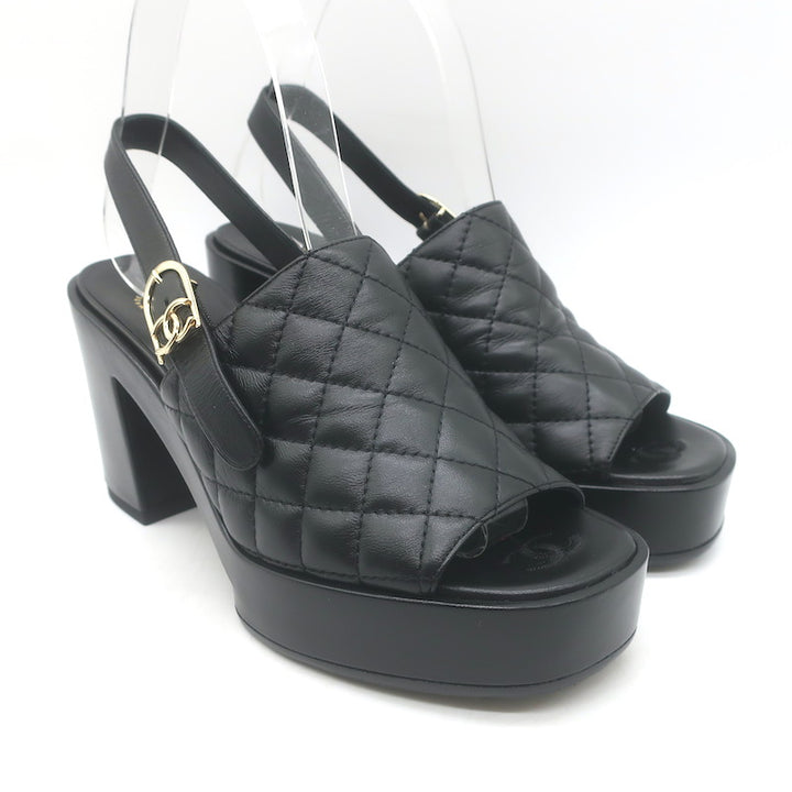 Chanel 24P Quilted Leather Platform Slingback Sandals Black Size 37.5 NEW