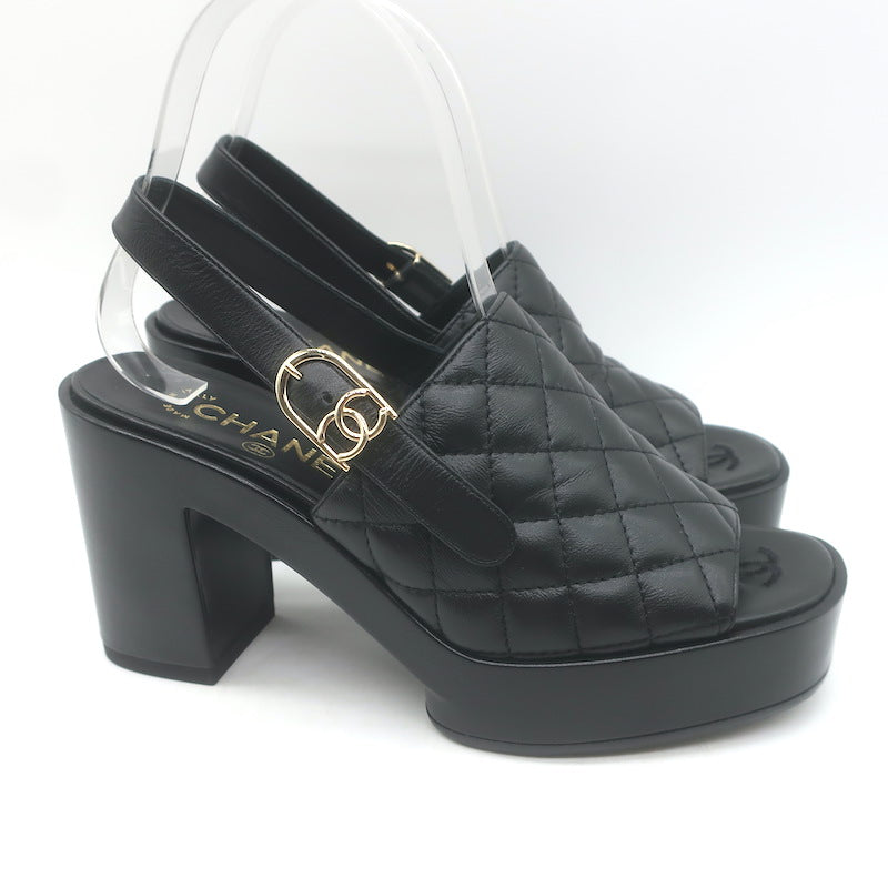Chanel 24P Quilted Leather Platform Slingback Sandals Black Size 37.5 NEW