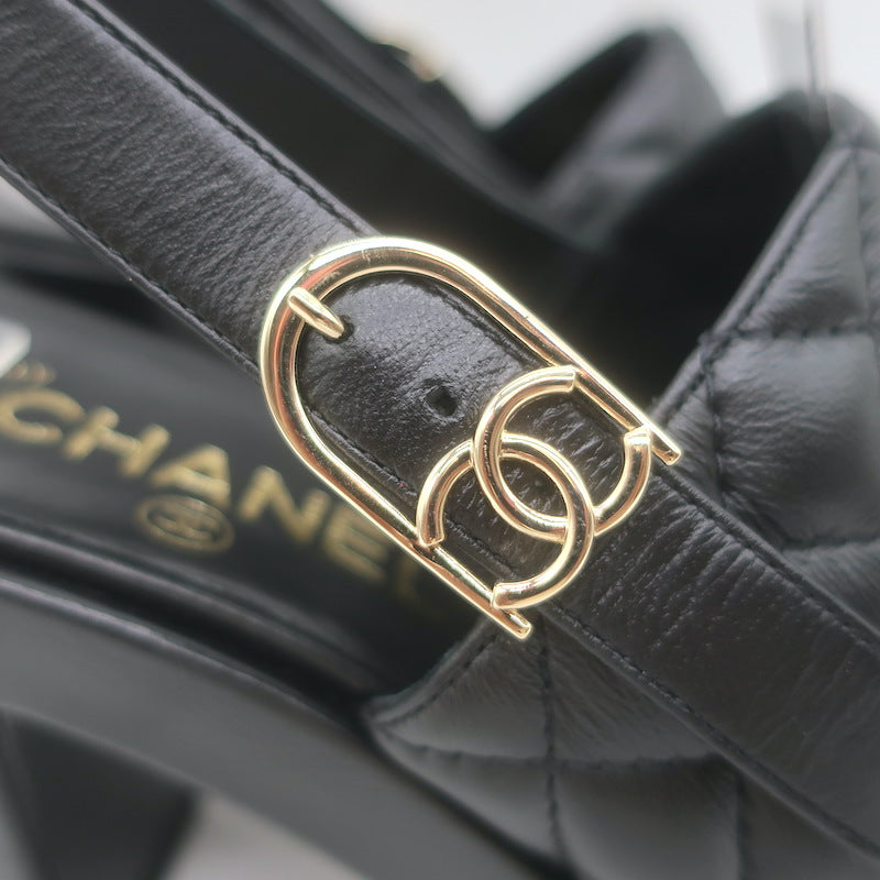 Chanel 24P Quilted Leather Platform Slingback Sandals Black Size 37.5 NEW