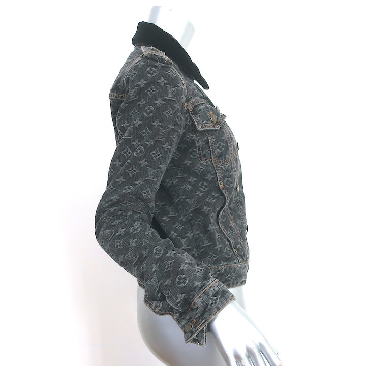 Louis Vuitton Monogram Denim Jacket with Velvet Collar Black Size 38