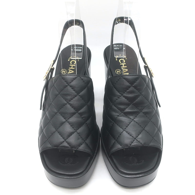 Chanel 24P Quilted Leather Platform Slingback Sandals Black Size 37.5 NEW
