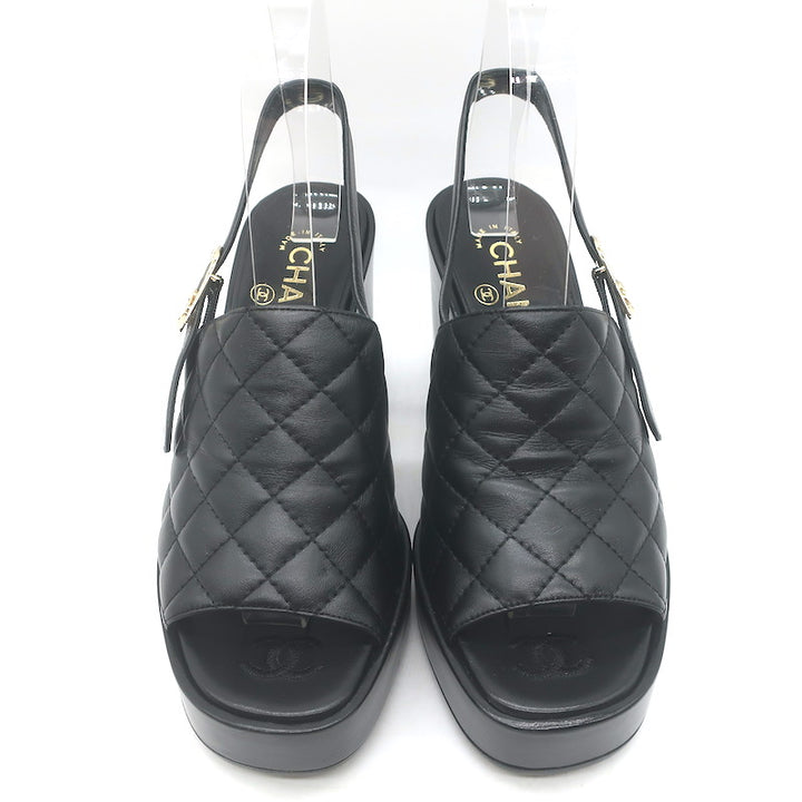Chanel 24P Quilted Leather Platform Slingback Sandals Black Size 37.5 NEW
