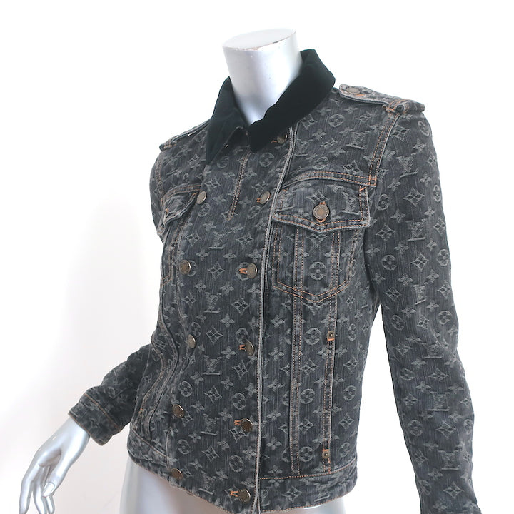 Louis Vuitton Monogram Denim Jacket with Velvet Collar Black Size 38