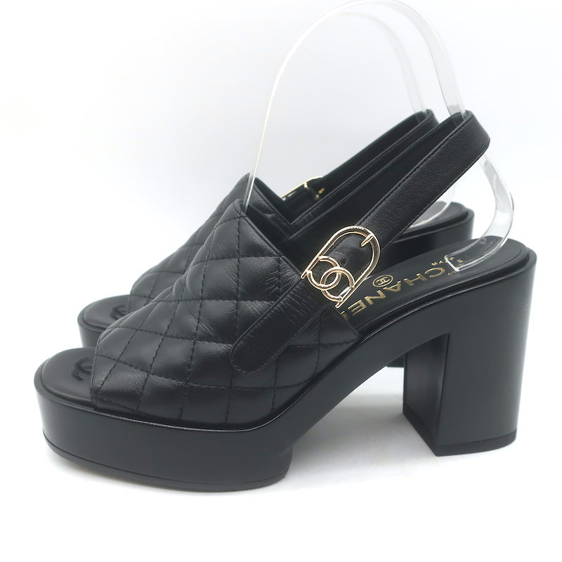 Chanel 24P Quilted Leather Platform Slingback Sandals Black Size 37.5 NEW