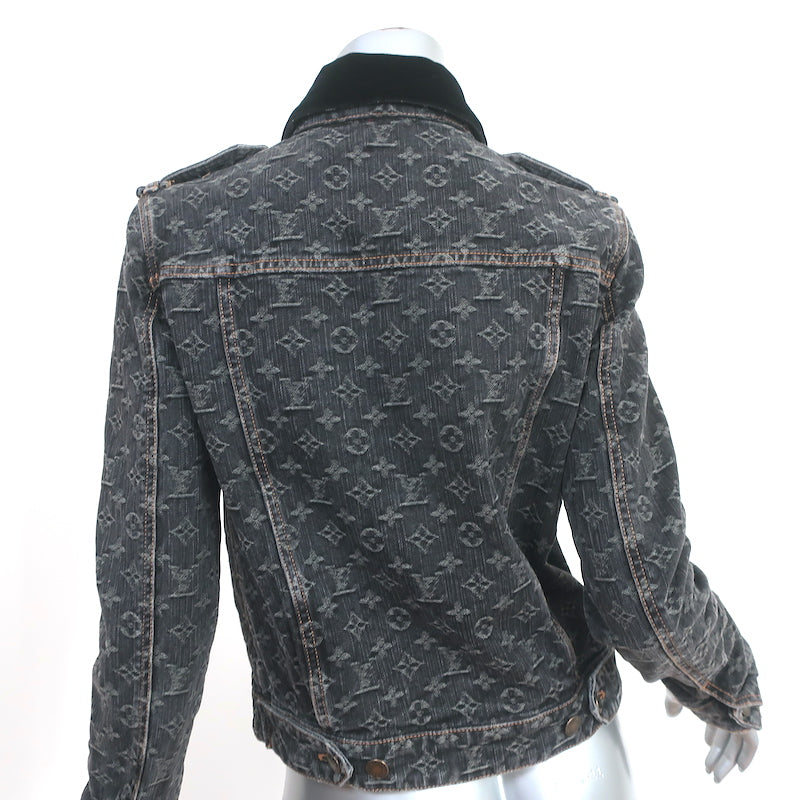 Louis Vuitton Monogram Denim Jacket with Velvet Collar Black Size 38