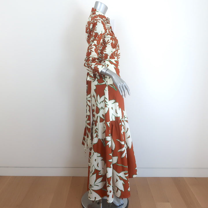 Sara Roka Madu Maxi Shirtdress Brown/Cream Floral Print Ruffled Cotton Size 40
