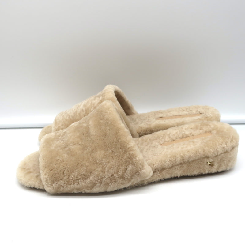 Veronica Beard Desiree Shearling Slides Sand Size 8.5 Wedge Sandals NEW