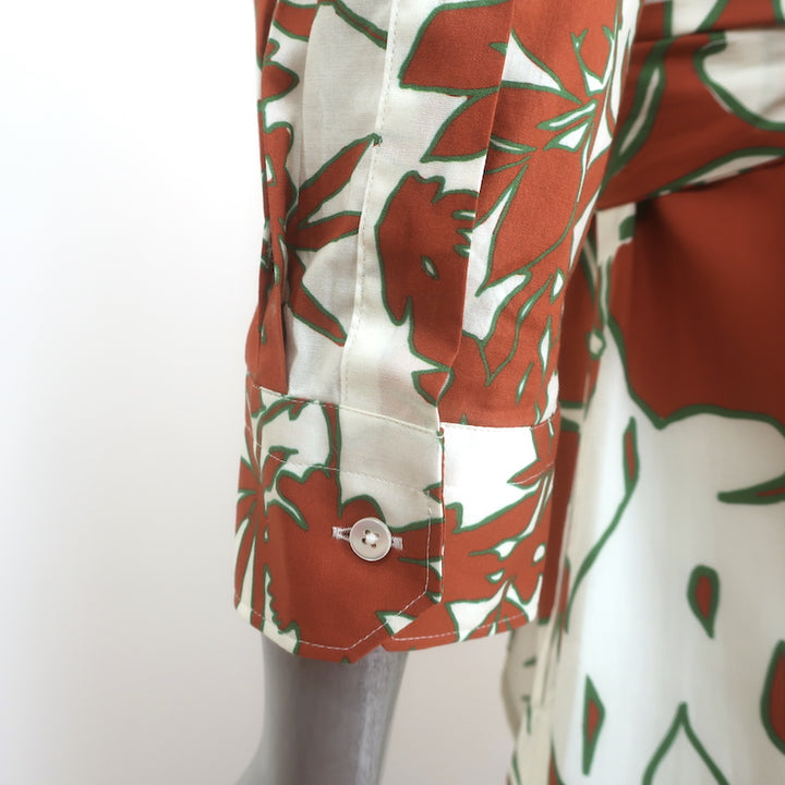 Sara Roka Madu Maxi Shirtdress Brown/Cream Floral Print Ruffled Cotton Size 40