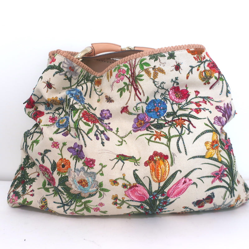 Gucci Beaded Flora Horsebit Hobo Cream Canvas Large Shoulder Bag
