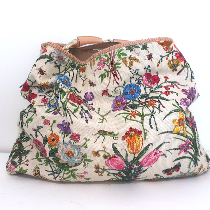 Gucci Beaded Flora Horsebit Hobo Cream Canvas Large Shoulder Bag