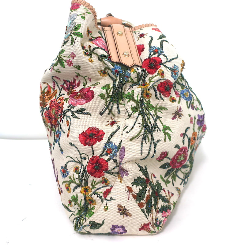 Gucci Beaded Flora Horsebit Hobo Cream Canvas Large Shoulder Bag