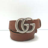 Gucci GG Marmont brown leather belt with gold double-G buckle, pre-owned and gently worn luxury accessory