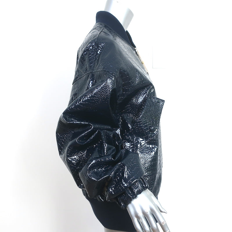 The Frankie Shop Hane Croc-Effect Faux Leather Bomber Jacket Navy Size XS/S NEW
