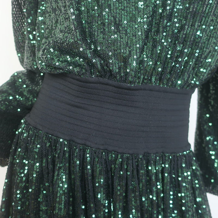 Balmain Sequined Puff Sleeve Mock Neck Mini Dress Emerald Size 40
