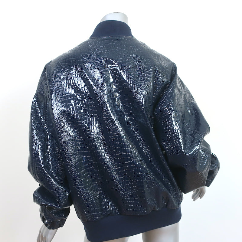 The Frankie Shop Hane Croc-Effect Faux Leather Bomber Jacket Navy Size XS/S NEW