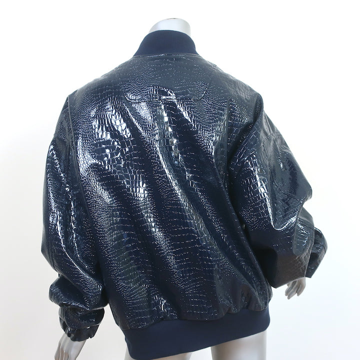 The Frankie Shop Hane Croc-Effect Faux Leather Bomber Jacket Navy Size XS/S NEW