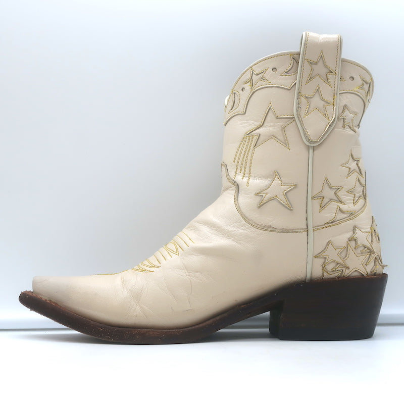 Miron Crosby Brooke Short Western Boots Cream Star-Embroidered Leather Size 6.5