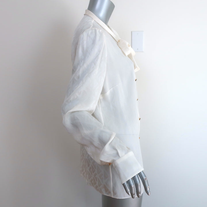 Dolce &amp; Gabbana Logo Jacquard Pussy Bow Blouse Cream Size 46 Long Sleeve Top