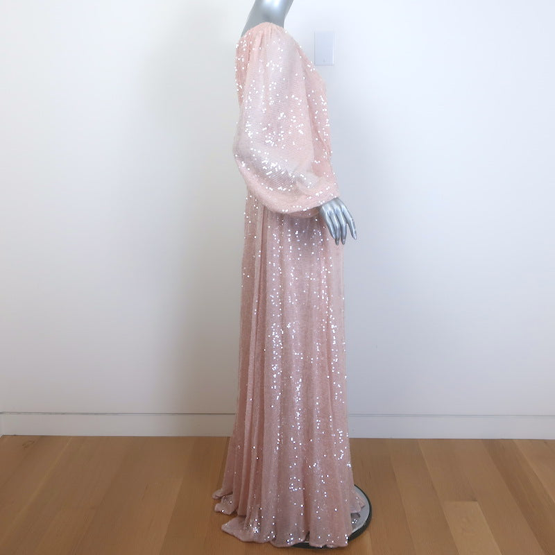 Adam Lippes Sequined Chiffon Gown Light Pink Size US 8 Blouson-Sleeve Maxi Dress