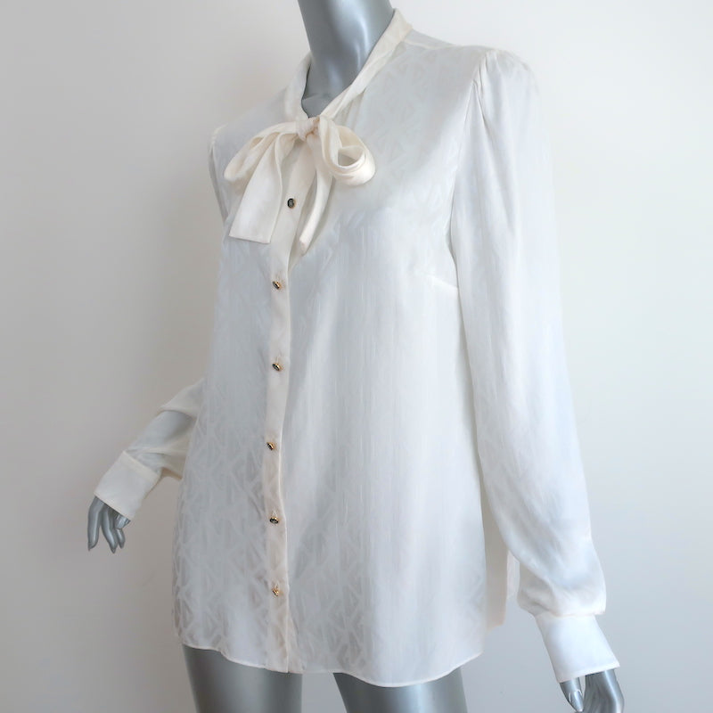 Dolce &amp; Gabbana Logo Jacquard Pussy Bow Blouse Cream Size 46 Long Sleeve Top