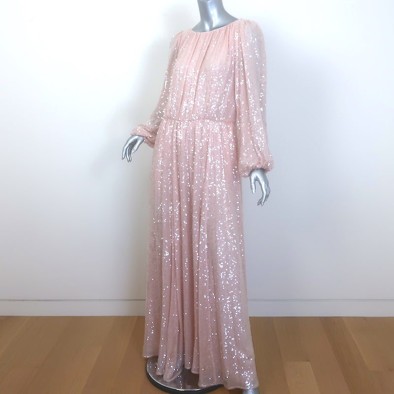Adam Lippes Sequined Chiffon Gown Light Pink Size US 8 Blouson-Sleeve Maxi Dress