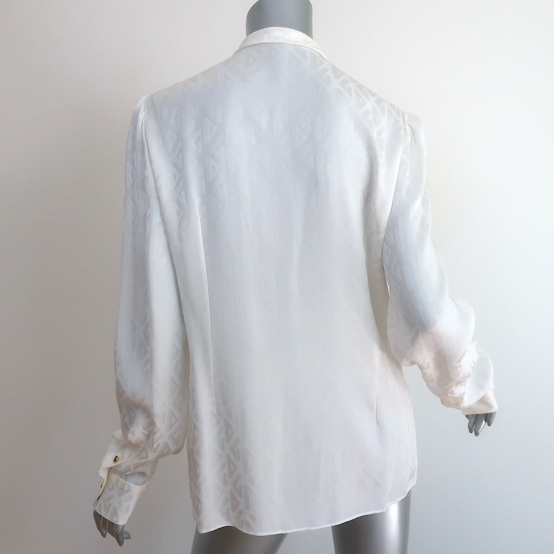 Dolce &amp; Gabbana Logo Jacquard Pussy Bow Blouse Cream Size 46 Long Sleeve Top