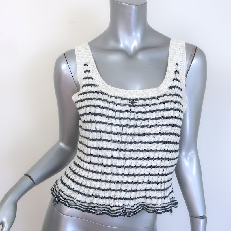 Christian Dior Striped Ruffled Distressed Knit Twinset Black/Cream Size 38