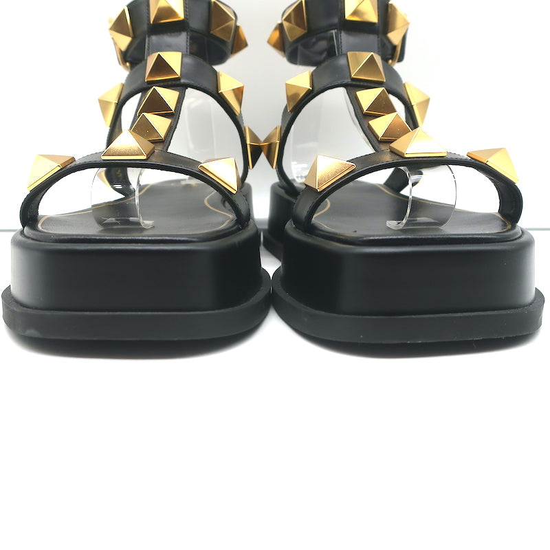 Valentino Roman Stud Ankle Strap Platform Sandals Black Leather Size 39.5 NEW