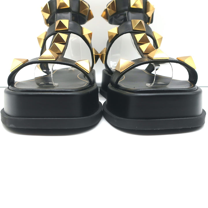 Valentino Roman Stud Ankle Strap Platform Sandals Black Leather Size 39.5 NEW