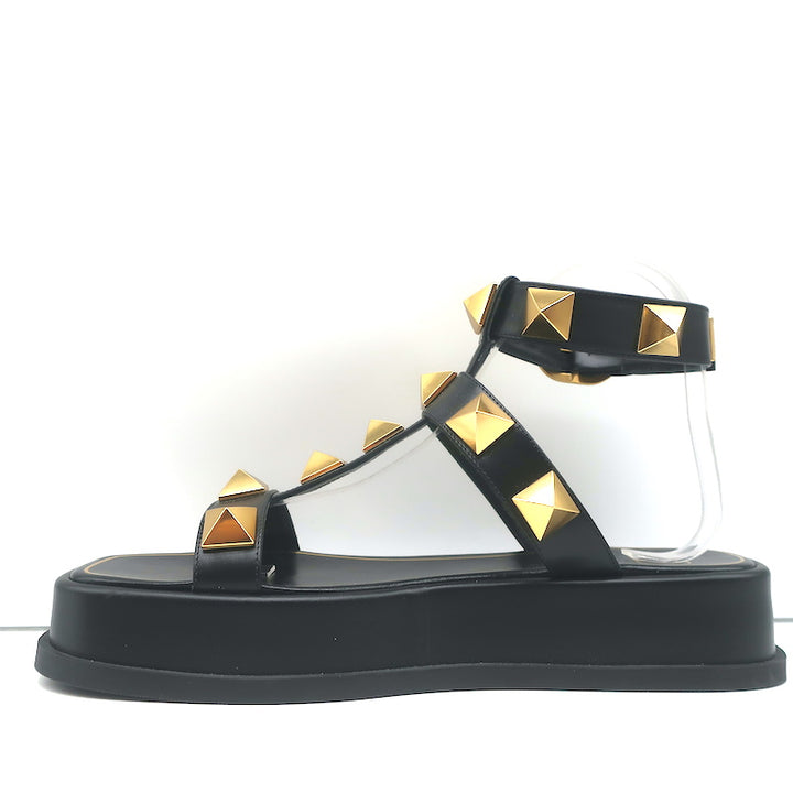 Valentino Roman Stud Ankle Strap Platform Sandals Black Leather Size 39.5 NEW