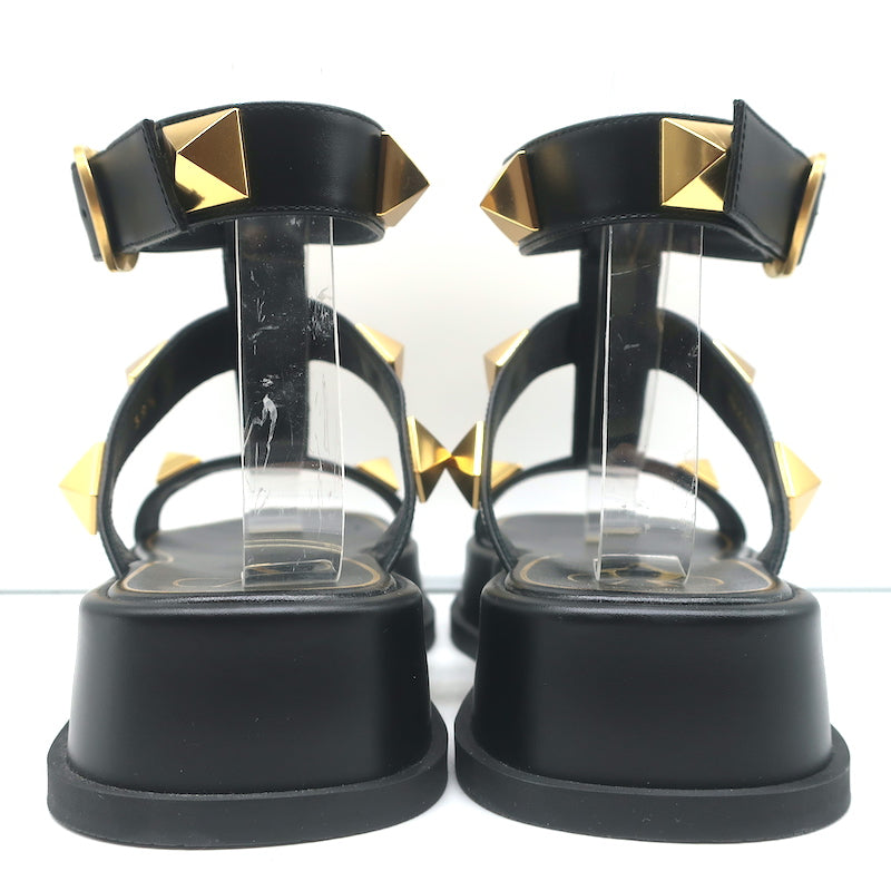 Valentino Roman Stud Ankle Strap Platform Sandals Black Leather Size 39.5 NEW
