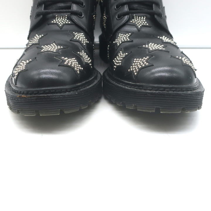 Saint Laurent Star Studded Lace-Up Combat Boots Black Leather Size 40.5
