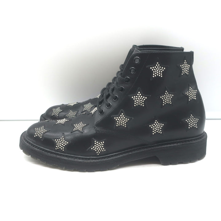 Saint Laurent Star Studded Lace-Up Combat Boots Black Leather Size 40.5