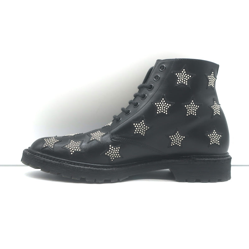 Saint Laurent Star Studded Lace-Up Combat Boots Black Leather Size 40.5