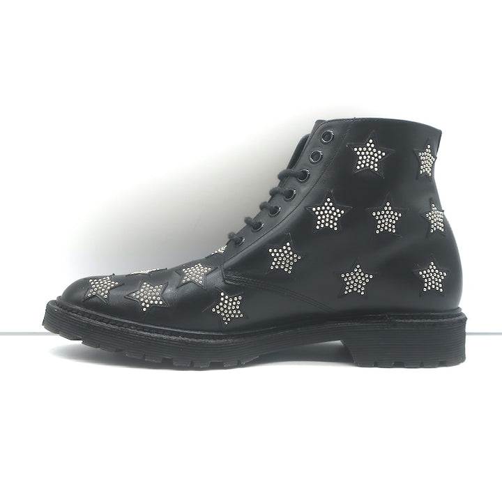 Saint Laurent Star Studded Lace-Up Combat Boots Black Leather Size 40.5