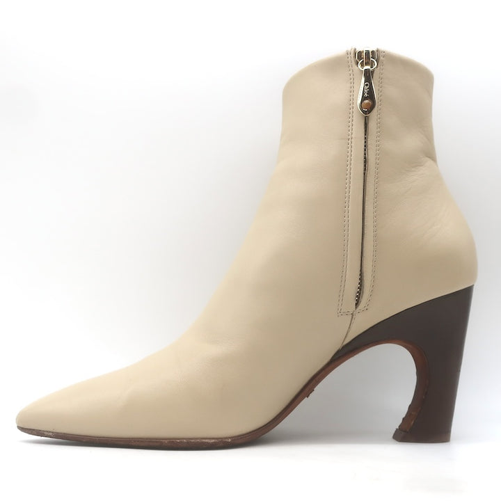 Chloe Oli Pointed Toe Ankle Boots Ivory Leather Size 39