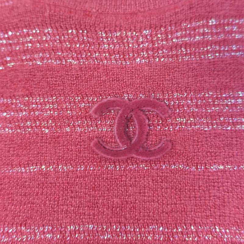 Chanel CC Lurex-Striped Short Sleeve Knit Top Red Cashmere-Blend Size 38