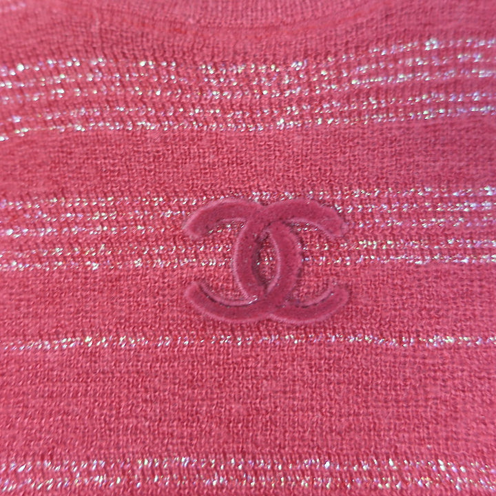 Chanel CC Lurex-Striped Short Sleeve Knit Top Red Cashmere-Blend Size 38