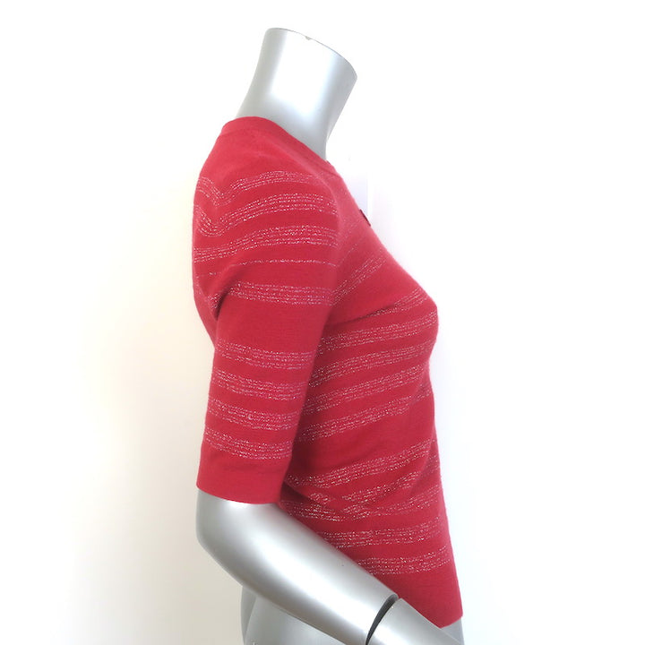 Chanel CC Lurex-Striped Short Sleeve Knit Top Red Cashmere-Blend Size 38