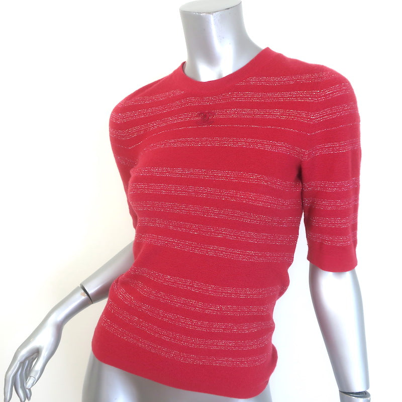 Chanel CC Lurex-Striped Short Sleeve Knit Top Red Cashmere-Blend Size 38