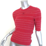 Chanel CC Lurex-Striped Short Sleeve Knit Top Red Cashmere-Blend Size 38