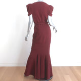 Michael Kors Collection Puff Sleeve Belted Maxi Dress Burgundy Crepe Size 12