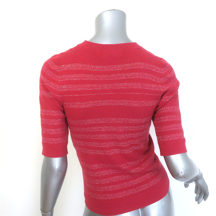 Chanel CC Lurex-Striped Short Sleeve Knit Top Red Cashmere-Blend Size 38