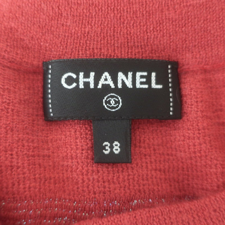 Chanel CC Lurex-Striped Short Sleeve Knit Top Red Cashmere-Blend Size 38