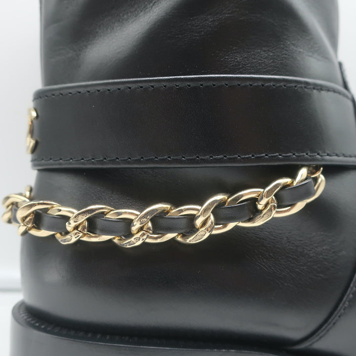 Chanel 22A CC Chain Short Riding Boots Black Leather Size 39 Ankle Boots