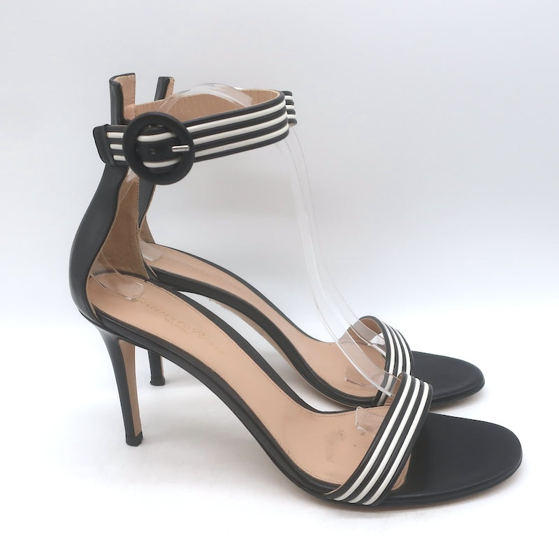 Gianvito Rossi Portofino Striped Ankle Strap Sandals Black/White Leather Size 40